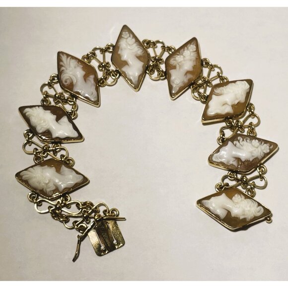 14K Gold Carved Shell Cameo Bracelet 6" With Geometric Diamond Design - Picture 1 of 16